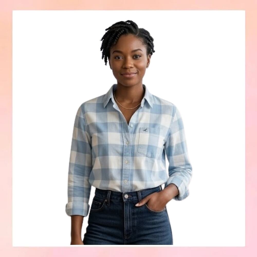 Hollister Light Blue White Buffalo Plaid Button Down Shirt Size Small